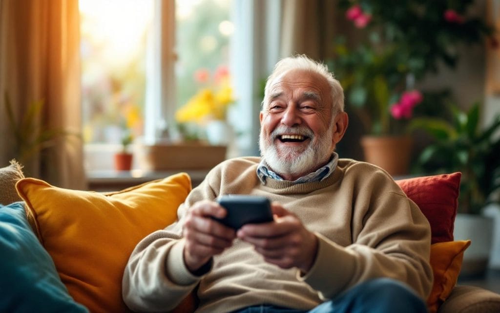 un-homme-age-souriant-tout-en-tenant-une-telecommande-assis-dans-un-salon-confortable-baigne-de-lumiere-chaude-avec-un-decor-colore-et-une-fenetre-ouverte-sur-une-journee-ensoleillee
