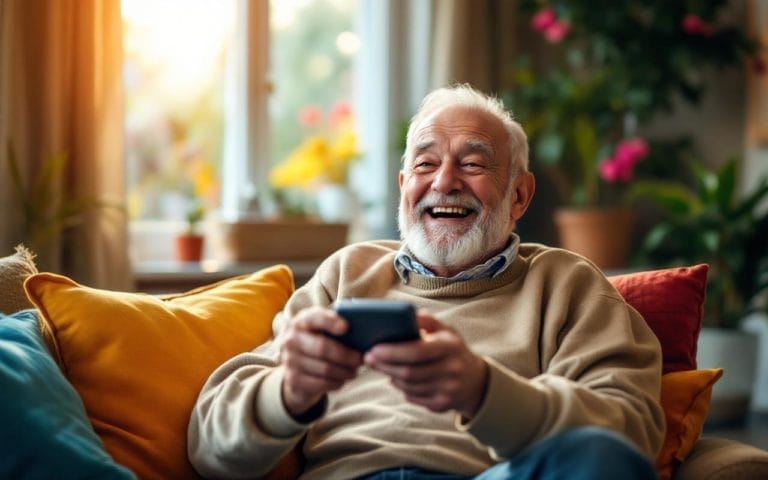 un-homme-age-souriant-tout-en-tenant-une-telecommande-assis-dans-un-salon-confortable-baigne-de-lumiere-chaude-avec-un-decor-colore-et-une-fenetre-ouverte-sur-une-journee-ensoleillee