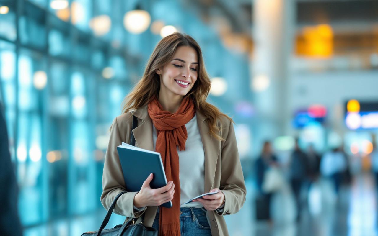 Une femme en tenue professionnelle marche dans un aéroport international avec un passeport et un ordinateur portable ouverts, ambiance professionnelle et lumineuse.