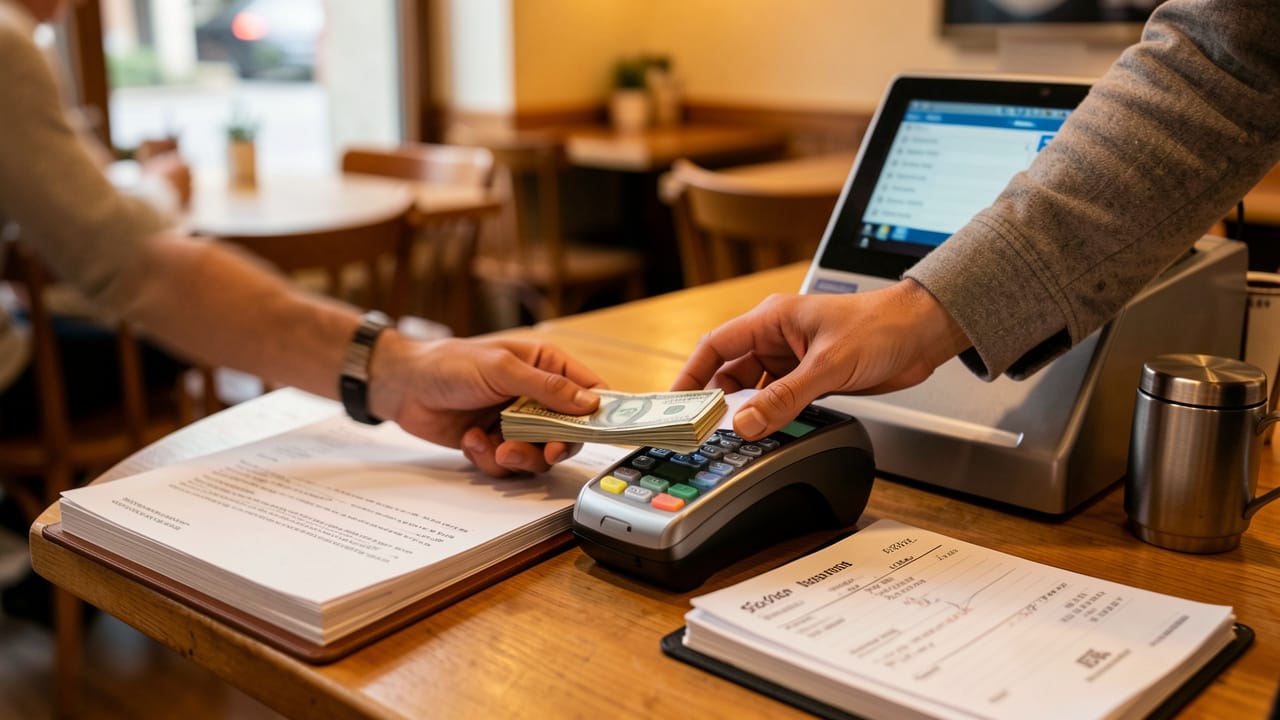 Restaurateur comptant des espèces et utilisant une caisse avec paiement par carte, ambiance de comptabilité de restaurant, reçus et documents bien rangés.